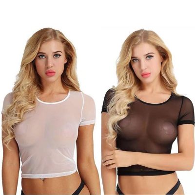 Women's Sheer Lace Lingerie Mesh Short Sleeve Crop Tops, See Through Lingerie Sexy Set for Women & Girls, L