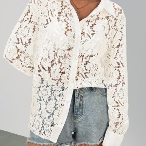 Women's Lace Long Sleeve Tops Dressy Casual Blouse Button Down Sheer Elegant Summer Shirts
