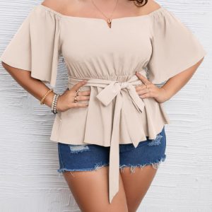 Women's Plus Size Off The Shoulder Peplum Blouse Top Half Bell Sleeve Tie Waist Ruffle Hem Babydoll Tops