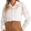 7152n9HnHmL.jpg Women's Elegant Eyelet Top Casual Work Long Sleeve Hallow Out Lace Sheer Button Down Shirt