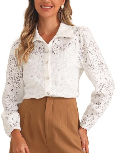 7152n9HnHmL.jpg Women's Elegant Eyelet Top Casual Work Long Sleeve Hallow Out Lace Sheer Button Down Shirt