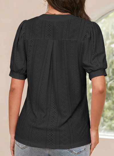 Womens Summer Business Casual Blouses V Neck Short Sleeve Shirts Hollow Out Cute Lace Tops