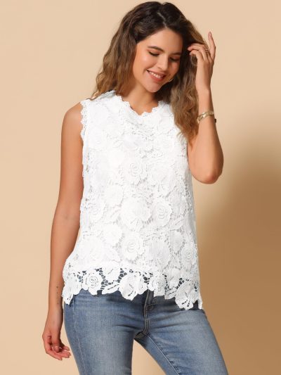 716rRLM6uL.jpg Sleeveless Lace Top for Women's Casual Flower Lace Tank Tops