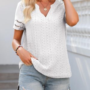 Summer Tops for Women 2025 Short Sleeve V Neck Dressy Lace Eyelet Blouses Shirts