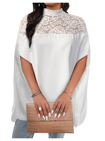 Women's Plus Size Contrast Lace Oversized Dolman Sleeve Mock Neck Tunic Tops