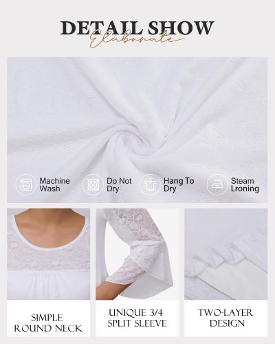 Women's Ruffle 3/4 Sleeve Elegant Dressy Blouses Crew Neck Double Layers Mesh Tunic Tops