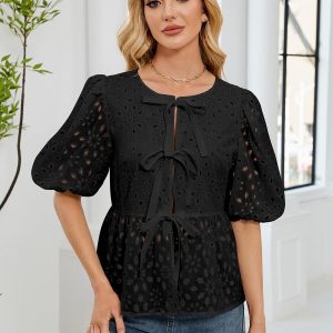 Women's Summer Dressy Casual Tops Short Puff Sleeve Babydoll Peplum Blouse Bow Tie Front Hollow Out Lace Shirts