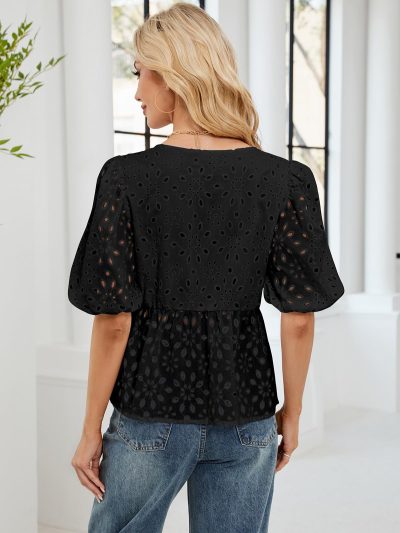 Women's Summer Dressy Casual Tops Short Puff Sleeve Babydoll Peplum Blouse Bow Tie Front Hollow Out Lace Shirts