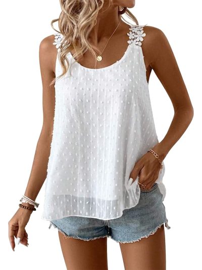 Womens Tank Tops Flowy Sleeveless Summer Boho Blouses for Women Casual Crewneck Spaghetti Strap Lace Camisole Shirts