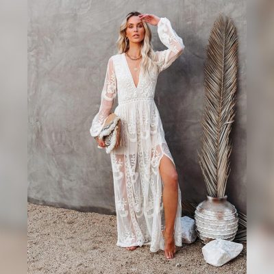 Womens Boho Beach V Neck Floral Embroidered Lace Wedding Maxi Dress Bridesmaid Evening Party Dresses