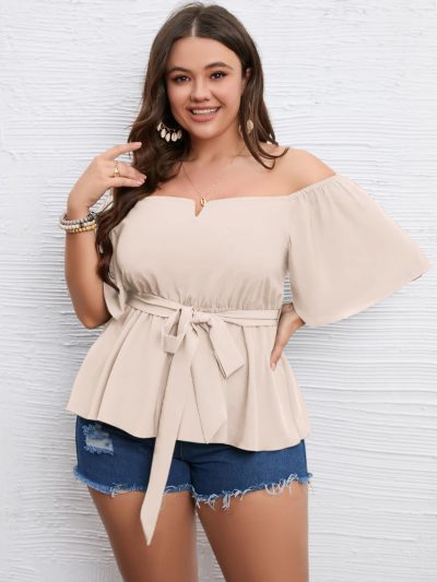 Women's Plus Size Off The Shoulder Peplum Blouse Top Half Bell Sleeve Tie Waist Ruffle Hem Babydoll Tops
