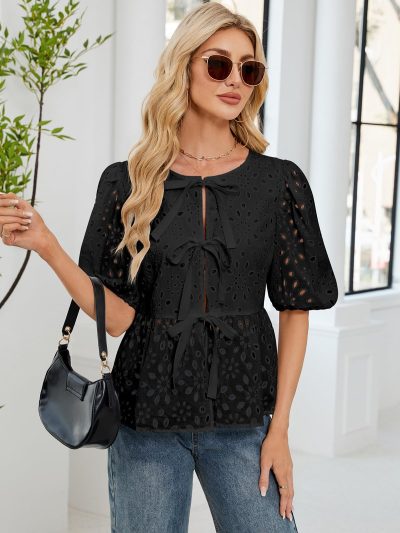 Women's Summer Dressy Casual Tops Short Puff Sleeve Babydoll Peplum Blouse Bow Tie Front Hollow Out Lace Shirts