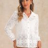 71Gkpf8lw1L.jpg Women's Elegant Eyelet Top Casual Work Long Sleeve Hallow Out Lace Sheer Button Down Shirt