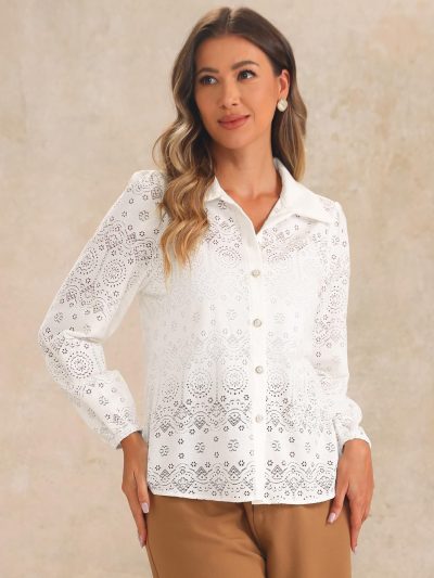71Gkpf8lw1L.jpg Women's Elegant Eyelet Top Casual Work Long Sleeve Hallow Out Lace Sheer Button Down Shirt