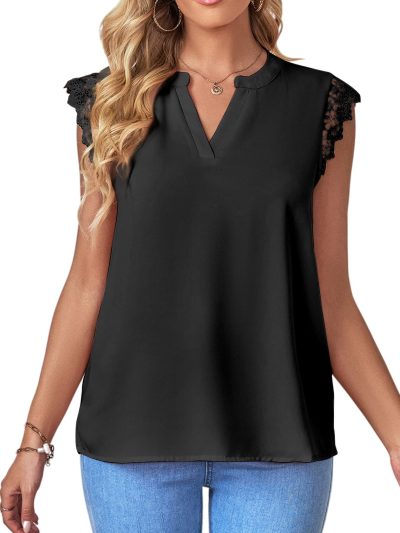 Women's Elegant Notch V Neck Lace Trim Cap Sleeve Blouse Shirt Sleeveless Top