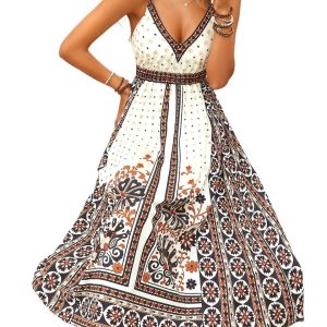 Bohemian Backless Spaghetti Strap Maxi Dress Ethnic Print Trendy Vacation Casual Long Dress for Women Summer Style