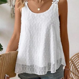 Womens Tank Tops Flowy Sleeveless Summer Boho Blouses for Women Casual Crewneck Spaghetti Strap Lace Camisole Shirts