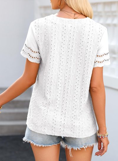 Summer Tops for Women 2025 Short Sleeve V Neck Dressy Lace Eyelet Blouses Shirts