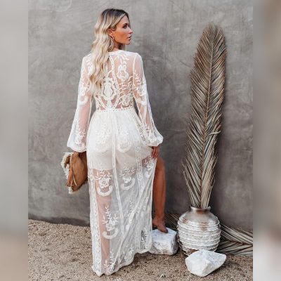 Womens Boho Beach V Neck Floral Embroidered Lace Wedding Maxi Dress Bridesmaid Evening Party Dresses