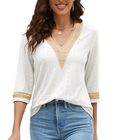 Women's Casual 3/4 Sleeve Shirts Lace V Neck Color Block Dressy Tops Trendy Hollow Floral Blouses T Shirts S-XXL