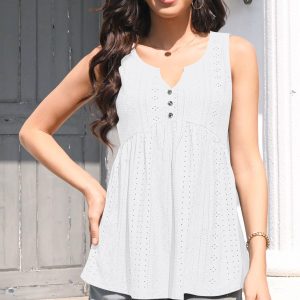 Women Tank Tops 2025 Spring Clothes Summer V Neck Pleated Shirts Button Down Dressy Casual Sleeveless Blouse
