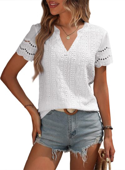Summer Tops for Women 2025 Short Sleeve V Neck Dressy Lace Eyelet Blouses Shirts