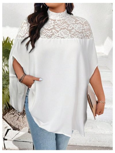 Women's Plus Size Contrast Lace Oversized Dolman Sleeve Mock Neck Tunic Tops