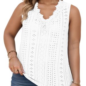 Womens-Plus-Size-Tank-Tops Summer Floral Lace Trim V Neck Shirts Casual Sleeveless Blouses Cute Eyelet Tunics XL-5XL