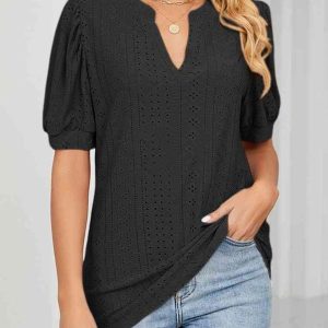 Womens Summer Business Casual Blouses V Neck Short Sleeve Shirts Hollow Out Cute Lace Tops