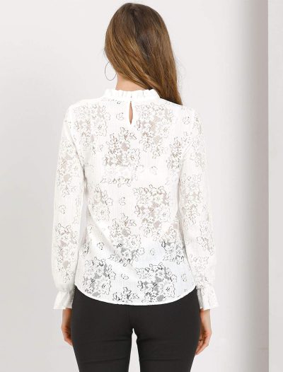 Women's Elegant See Through Top Ruffle Frill Neck Long Sleeve Floral Lace Blouse