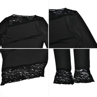 Women's Asymmetrical Sheer Lace T Shirt Sexy Slim Fit Long Sleeve Blouse Boat Neck Crop Top Tees