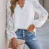 71a8bG57NyL.jpg Women Lace Elegant Blouse Long Sleeve Eyelet V Neck Dressy Party Floral Tops Scalloped V Neck
