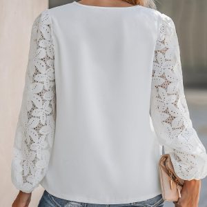 Women Lace Elegant Blouse Long Sleeve Eyelet V Neck Dressy Party Floral Tops Scalloped V Neck