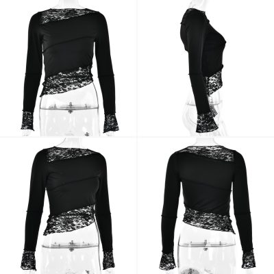 Women's Asymmetrical Sheer Lace T Shirt Sexy Slim Fit Long Sleeve Blouse Boat Neck Crop Top Tees