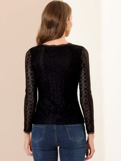 Women's Lace Tops Sheer Dressy Casual Floral Lace Long Sleeve Tops