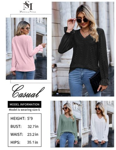Misyula Womens Lace V Neck Puff Long Sleeve Eyelet Tops Dressy Business Casual Work Shirts Blouse S-XXL