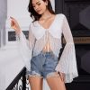 71gIiCyXOnL.jpg Women's Lace Tops Tie Front Bell Long Sleeve Sheer Blouse Crop Tops