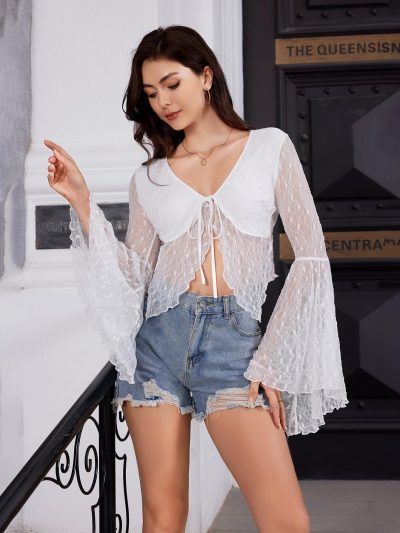 71gIiCyXOnL.jpg Women's Lace Tops Tie Front Bell Long Sleeve Sheer Blouse Crop Tops