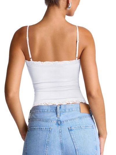 Women's Sexy Square Neck Lace Cami Tank Tops Fitted Double Lined Sleeveless Crop Spaghetti Strap Summer Y2k Tops