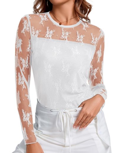 Womens Sexy Sheer Mesh Long Sleeve Tops Crew Neck Double Layered Tee Shirts Going Out Party Club Night Lace Blouse