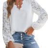 71kbRxz79TL.jpg Women Lace Elegant Blouse Long Sleeve Eyelet V Neck Dressy Party Floral Tops Scalloped V Neck