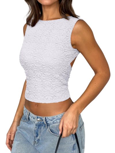 Women's Sexy Open Back High Neck Sleeveless Tank Top Y2k Lace Twist Backless Crop Tops