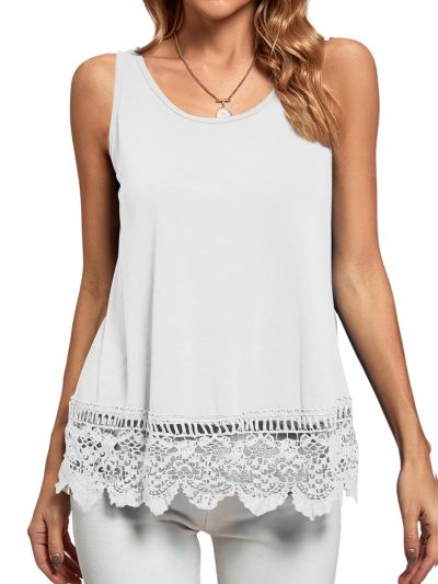 Women's Lace Hem Boat Neck Sleeveless Swing Trim Loose Tank Tops Blouse