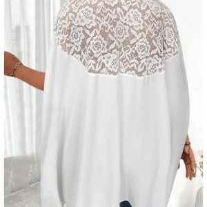Women's Plus Size Contrast Lace Oversized Dolman Sleeve Mock Neck Tunic Tops