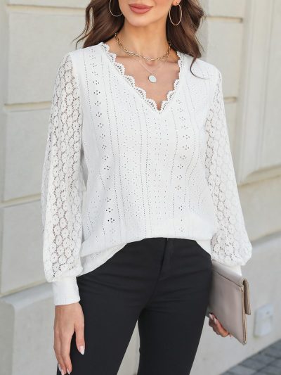 Long Sleeve Tops for Women Eyelet Scalloped Lace V Neck Blouse Casual Loose Fashion Shirts