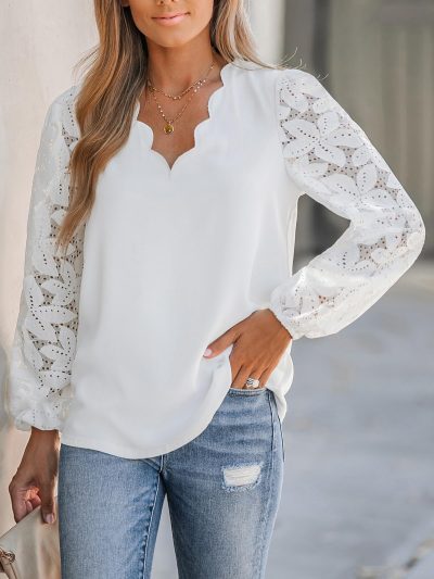 71rolhd2mTL.jpg Women Lace Elegant Blouse Long Sleeve Eyelet V Neck Dressy Party Floral Tops Scalloped V Neck