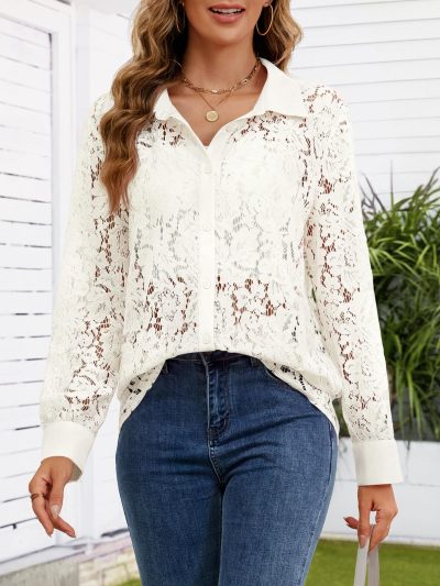 Women's Lace Long Sleeve Tops Dressy Casual Blouse Button Down Sheer Elegant Summer Shirts