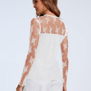 Womens Sexy Sheer Mesh Long Sleeve Tops Crew Neck Double Layered Tee Shirts Going Out Party Club Night Lace Blouse