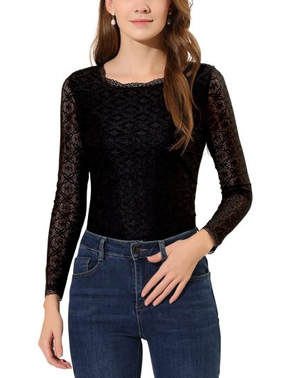 Women's Lace Tops Sheer Dressy Casual Floral Lace Long Sleeve Tops