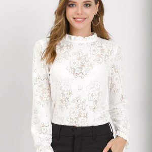 Women's Elegant See Through Top Ruffle Frill Neck Long Sleeve Floral Lace Blouse
